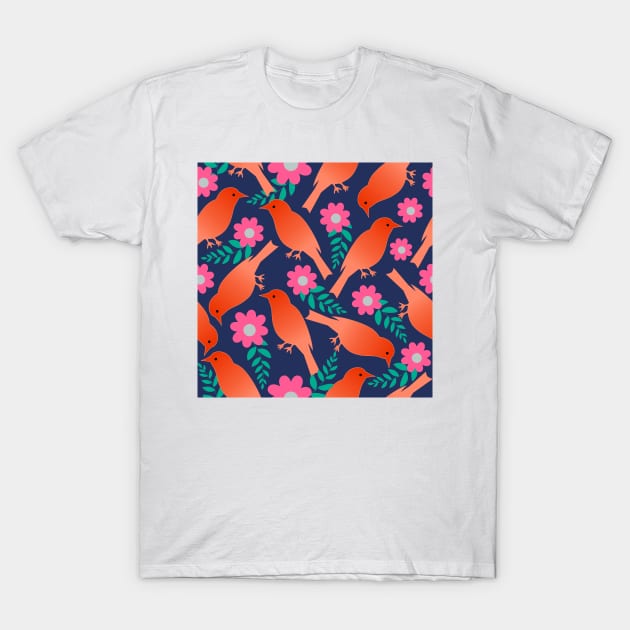 Colourful Birds and flowers pattern in navy background, Seamless repeat pattern T-Shirt by HariniArts